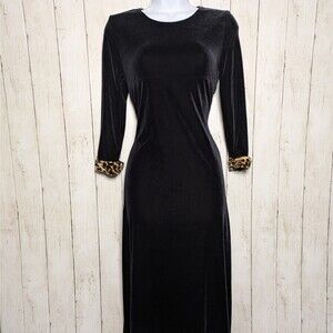 Vintage Velvet Midi Dress Black Leopard Cuffs Goth Witchy Vamp Glam 90s Size 16